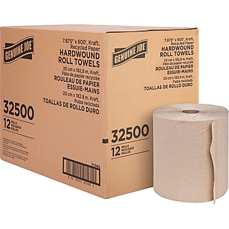 Genuine Joe Embossed Hardwound Roll Towels - 7.88" x 600 ft - 2" Core - Brown - 12 / Carton