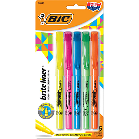BIC® Brite Liner Highlighters, Pack Of 5, Chisel Point, Assorted Color Ink