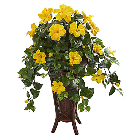 Nearly Natural Hibiscus Artificial Plant With Stand Planter, 34"H x 23"W x 23"D, Brown/Yellow