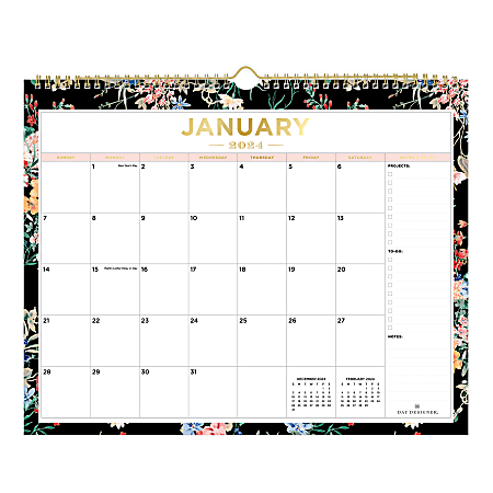 2024 Day Designer Monthly Wall Calendar, 15” x 12", Wild Flora Black, January To December