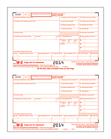 ComplyRight Tax Forms, W-2, Inkjet/Laser, Copy A, 2-Up, 8 1/2" x 11", Pack Of 100