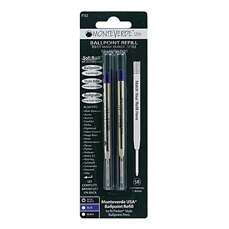 Monteverde® Soft Roll Parker® Style Ballpoint Refills, Broad Point, 0.9 mm, Blue/Black, Pack Of 2