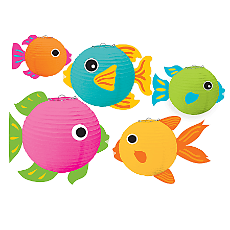 Amscan Summer Luau Fish Lanterns, 5-3/4"H x 7-3/4"W x 9-1/2"D, Multicolor, Pack Of 5 Lanterns