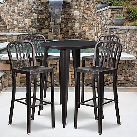 Flash Furniture Commercial-Grade Round Metal Indoor-Outdoor Bar Table Set With 4 Vertical Slat-Back Stools, 41"H x 30"W x 30"D, Black/Antique Gold