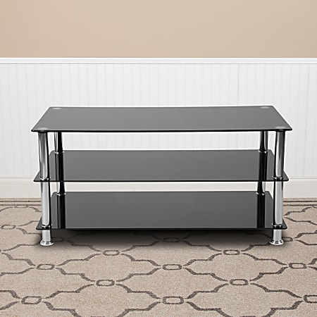 Flash Furniture Glass TV Stand With Metal Frame, 18-3/4"H x 39-1/4"W x 20"D, Black/Stainless Steel