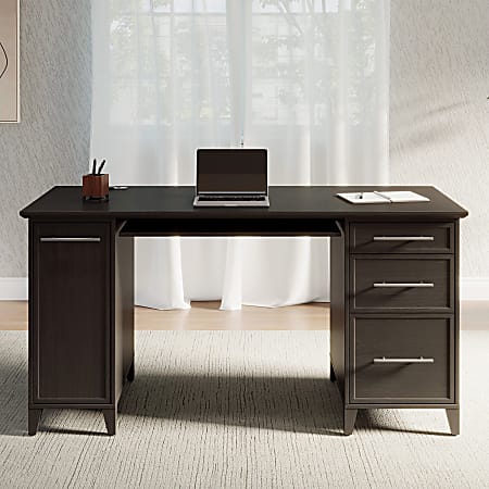 Realspace® Koru 60"W Straight Computer Desk With Integrated Power & Charging, Espresso Oak