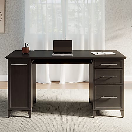 Realspace&reg; Koru 60"W Straight Computer Desk With Integrated Power &amp; Charging, Espresso Oak, BIFMA Compliant