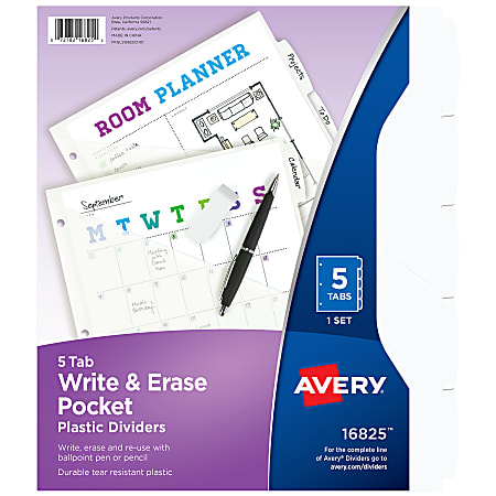 Avery® Write & Erase Durable Plastic Divider With Pocket, 5 Tabs, 9 1/4" x 11 1/4", White