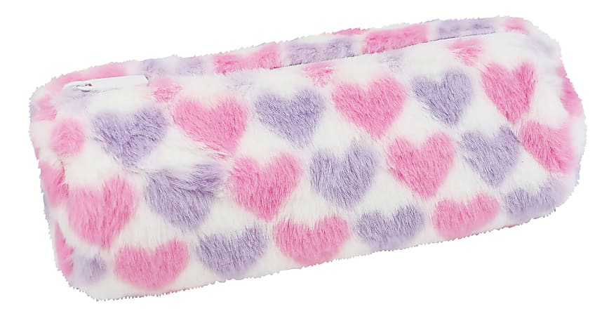 Office Depot® Brand Furry Pencil Pouch, 3-1/2" x 9", Pink/Purple Hearts, Total Quantity 1