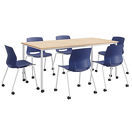 KFI Studios Dailey Table Set With 6 Caster Chairs, Natural Table/Navy Chairs
