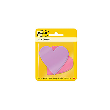 Post-it® Notes, Super Sticky Die-Cut Heart Shape, 3" x 3", Purple, Pink, 75 Sheets Per Pad, Pack Of 2 Pads