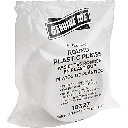 Genuine Joe 6" Plastic Round Plates Reusable/Disposable 125/PK White 10327 