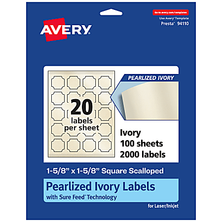 Avery® Pearlized Permanent Labels With Sure Feed®, 94110-PIP100, Square Scalloped, 1-5/8" x 1-5/8", Ivory, Pack Of 2,000 Labels
