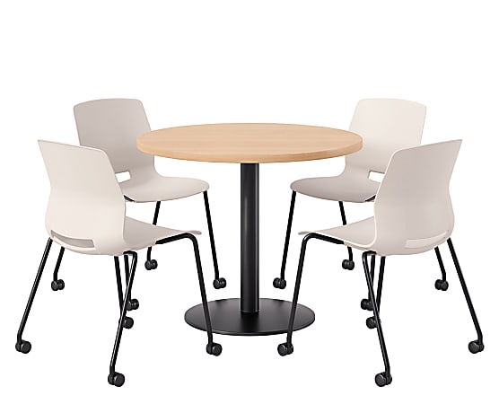 KFI Studios Proof Cafe Round Pedestal Table With Imme Caster Chairs, Includes 4 Chairs, 29”H x 36”W x 36”D, Maple Top/Black Base/Moonbeam Chairs