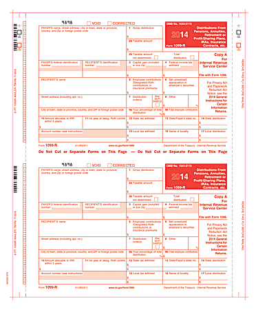 ComplyRight 1099-R Inkjet/Laser Tax Forms, 6-Part, Copies A, B, C, D, 1 And 2, 9" x 11", Pack Of 100