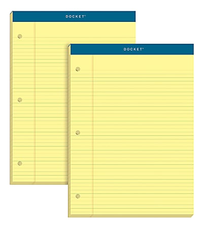 TOPS™ Docket™ Writing Pads, 3-Hole Punched, 8 1/2" x 11 3/4", Narrow Ruled, 100 Sheets, Canary, Pack Of 2 Pads