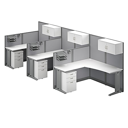 Bush® Business Furniture Office in an Hour 194"W 3-Person L-Shaped Cubicle Desks With Storage, Drawers And Organizers, Pure White, Standard Delivery