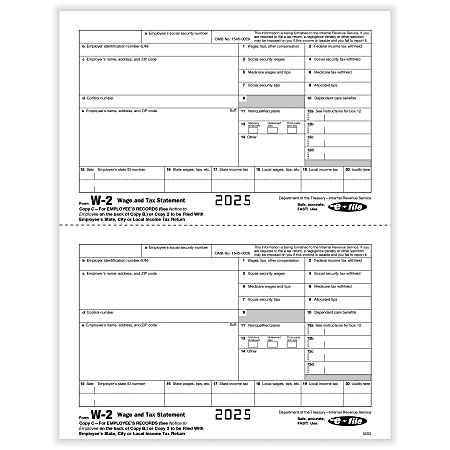 ComplyRight® W-2 Tax Forms, Employee’s Copy C and/or State, City Or Local Copy 2, 2-Up, 8-1/2" x 11", Pack Of 100 Forms