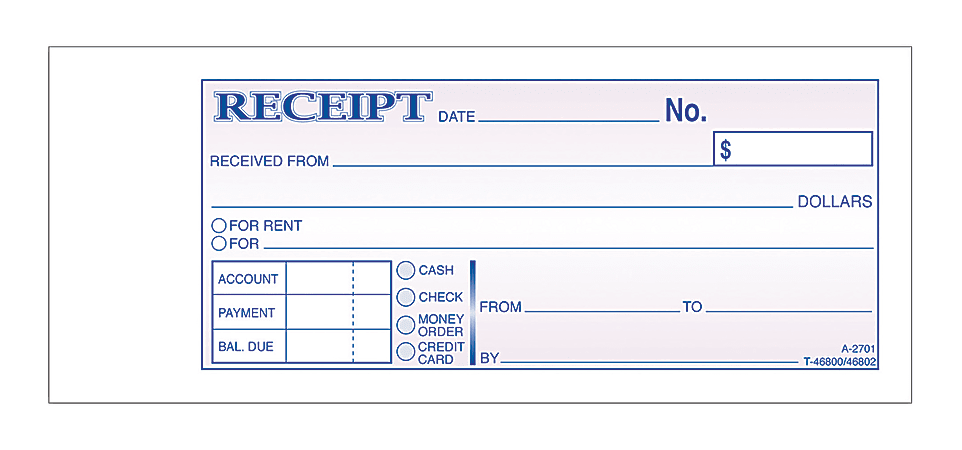 Adams® Money/Rent Receipt Books, 7 3/16" x 2 3/4", 3-Part, Carbonless, 50 Set Book