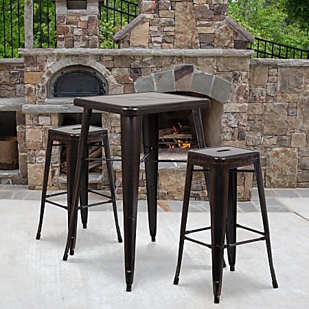 Flash Furniture Square Metal Bar Table Set With 2 Backless Stools, 40”H x 27-3/4”W x 27-3/4”D, Black/Antique Gold