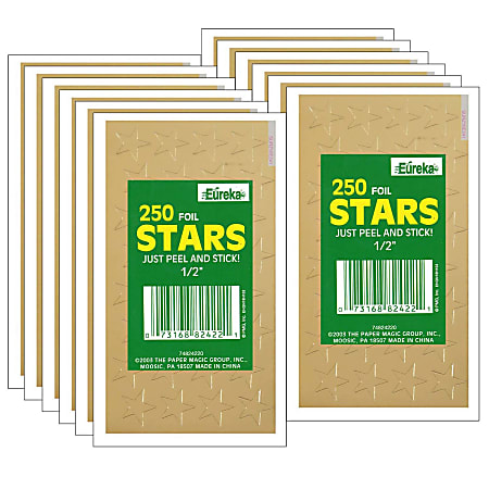 Eureka Presto-Stick Foil Star Stickers, 1/2", Gold, 250 Stickers Per Pack, Set Of 12 Packs