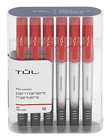 TUL® Permanent Markers, Fine Point, Silver Barrel, Red Ink, Pack Of 12 Markers