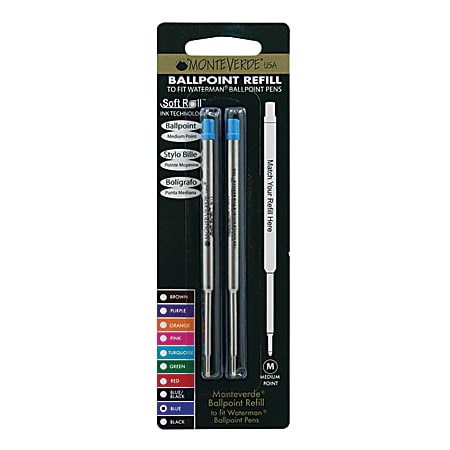 Monteverde® Ballpoint Refills For Waterman Ballpoint Pens, Medium Point, 0.7 mm, Blue, Pack Of 2 Refills