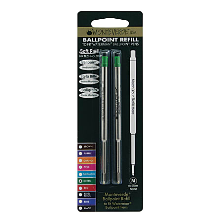 Monteverde® Ballpoint Refills For Waterman Ballpoint Pens, Medium Point, 0.7 mm, Green, Pack Of 2 Refills