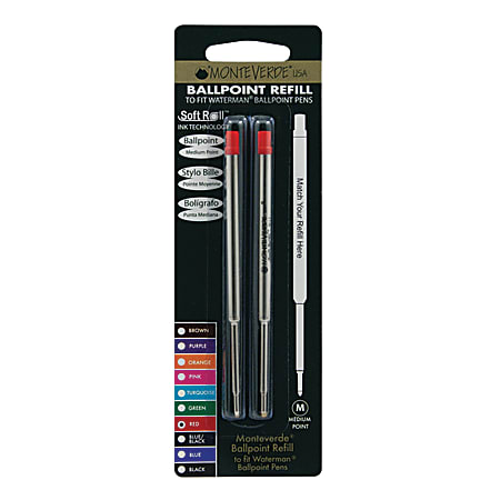 Monteverde® Ballpoint Refills For Waterman Ballpoint Pens, Medium Point, 0.7 mm, Red, Pack Of 2 Refills