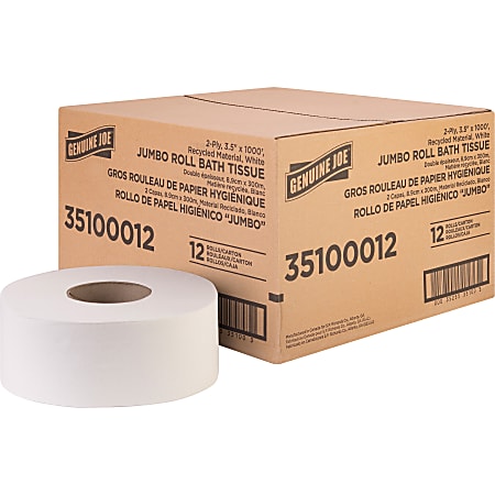 Genuine Joe Jumbo Jr Dispenser Bath Tissue Roll - 2 Ply - 3.50" x 100 ft - 8.88" Roll Diameter - White - Fiber - Sewer-safe, Septic Safe - For Bathroom - 12 / Carton