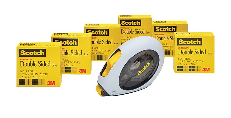 Scotch® Permanent Double-Sided Tape And Dispenser, 1/2" x 900", Pack Of 6