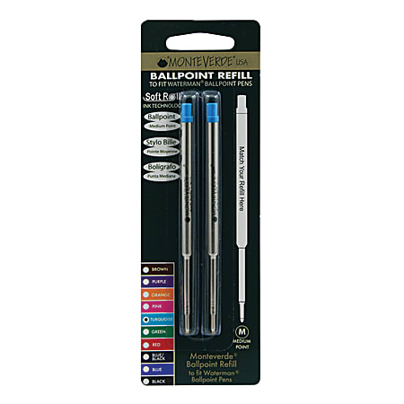 Monteverde® Ballpoint Refills For Waterman Ballpoint Pens, Medium Point, 0.7 mm, Turquoise, Pack Of 2 Refills