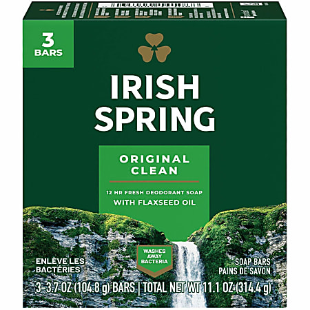 Irish Spring Deodorant Bar Soap with Flaxseed Oil - Original Clean Scent - 3.75 oz - 3 Pack - 18/Carton - 114177CT