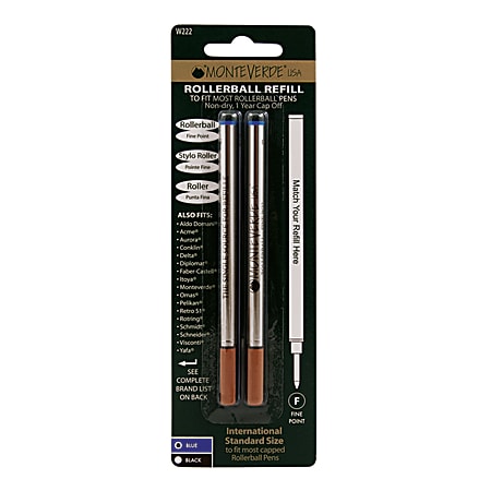 Monteverde® Rollerball Refills For Waterman Rollerball Pens, Fine Point, 0.5 mm, Blue, Pack Of 2 Refills