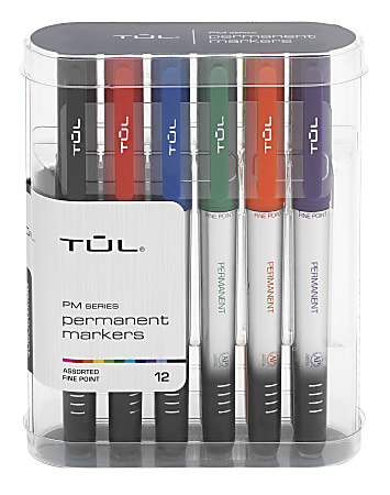 TUL® Permanent Markers, Fine Point, Silver Barrel, Assorted Ink Colors, Pack Of 12 Markers