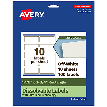 Avery® Print-to-the-Edge Dissolvable Labels With Sure Feed® Technology, 94205-DWMP10, Rectangle, 1-1/2"x3-3/4", Matte Off-White, Pack Of 100