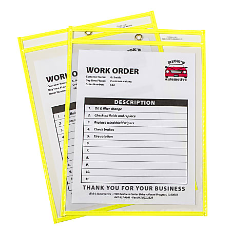 C-Line Stitched Shop Ticket Holders, 12”L x 9”W x 1/4”H, Neon Yellow/Clear, Box Of 15 Holders