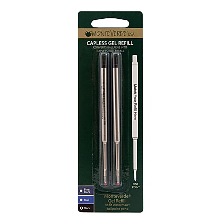 Monteverde® Capless Gel Refills For Waterman Ballpoint Pens, Fine Point, 0.5 mm, Black, Pack Of 2 Refills