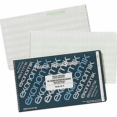 Ekonomik Standard Size Triple Function Check Registry - 40 Sheet(s) - Wire Bound - 14.75" x 8.75" Sheet Size - 18 Columns per Sheet - White Sheet(s) - Green Print Color - Recycled - 1 Each