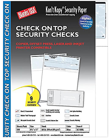 Blanks/USA Kan't Kopy Security Check-On-Top Paper, Letter Size (8 1/2" x 11"), Pack Of 500 Checks, Void Blue