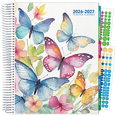 2026-2027 Excello Brands Weekly/Monthly Academic Year Deluxe Teacher Planner, 8-1/2" x 11", Watercolor Butterflies, August To July, Total Qty 1