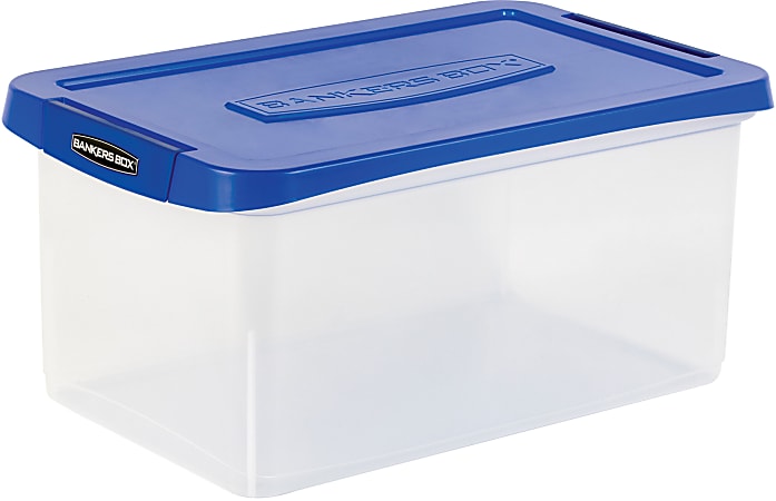 Bankers Box Heavy Duty Plastic Storage Bin Extra Deep 20 Letter size 10 38  x 14 14 TAA Compliant ClearBlue Pack of 1 - Office Depot