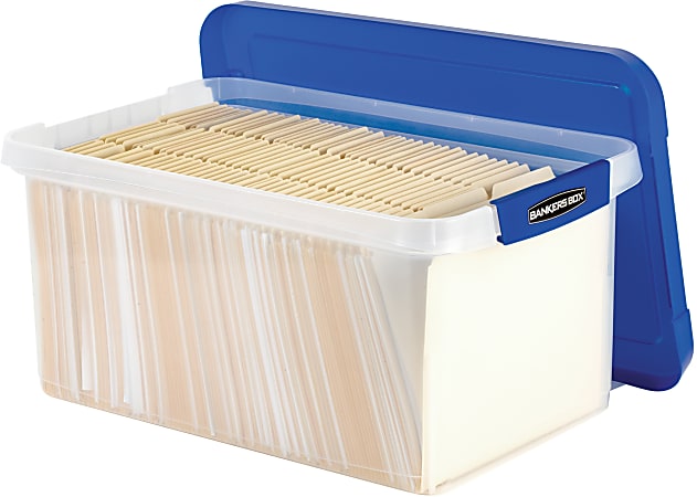 Bankers Box Heavy Duty Plastic Storage Bin Extra Deep 20 Letter size 10 38  x 14 14 TAA Compliant ClearBlue Pack of 1 - Office Depot