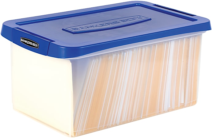 Bankers Box Heavy Duty Plastic Storage Bin Extra Deep 20 Letter size 10 38  x 14 14 TAA Compliant ClearBlue Pack of 1 - Office Depot