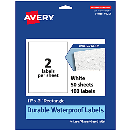 Avery® Waterproof Permanent Labels, 94265-WMF50, Rectangle, 11" x 3", White, Pack Of 100