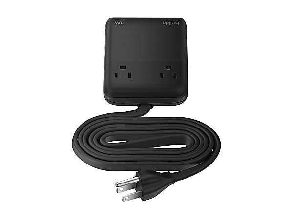 Belkin 2-Outlet Charging Station w/ 2x USB-A, 1x USB-C Ports + Tethered USB-C Cable 70W - 5ft Cord - Black - 70 W - 4.92 ft Cable
