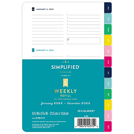 AT-A-GLANCE® Simplified System Weekly Calendar Refill, 5-1/2" x 8-1/2", January to December 2022, EL100-4111
