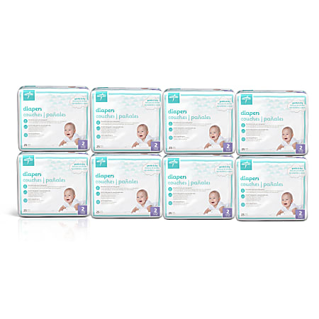 Medline KinderCare Disposable Baby Diapers, Size 2, 12-18 Lb, White, 25 Diapers Per Pack, Case Of 8 Packs