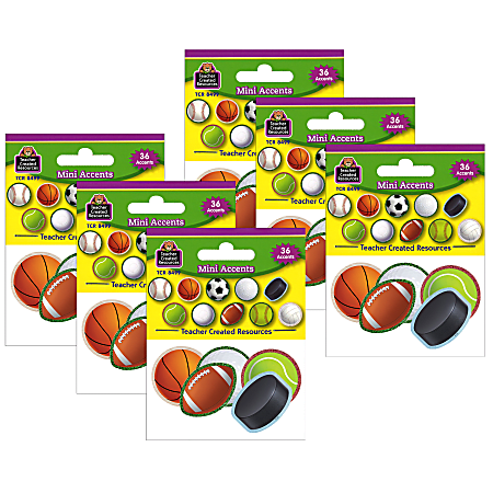 Teacher Created Resources Mini Accents, Sports, 36 Pieces Per Pack, Set Of 6 Packs