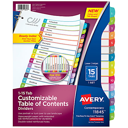 Avery® Ready Index® Dividers, 1-15 Tab & Customizable Table Of Contents, 8 1/2" x 11", White/Multicolor, Set Of 15